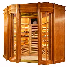 large wood walk in humidor with glass door