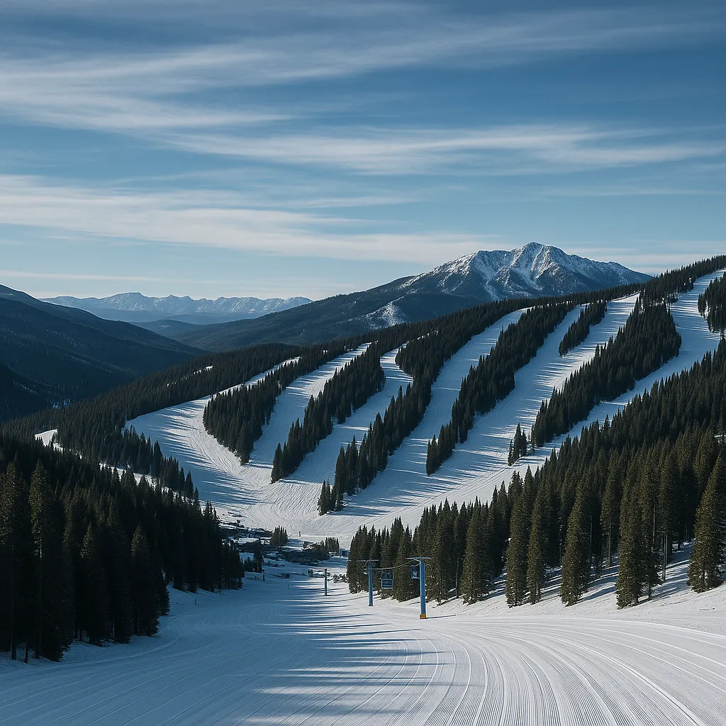 groomed ski runs below snowy mountain ridge