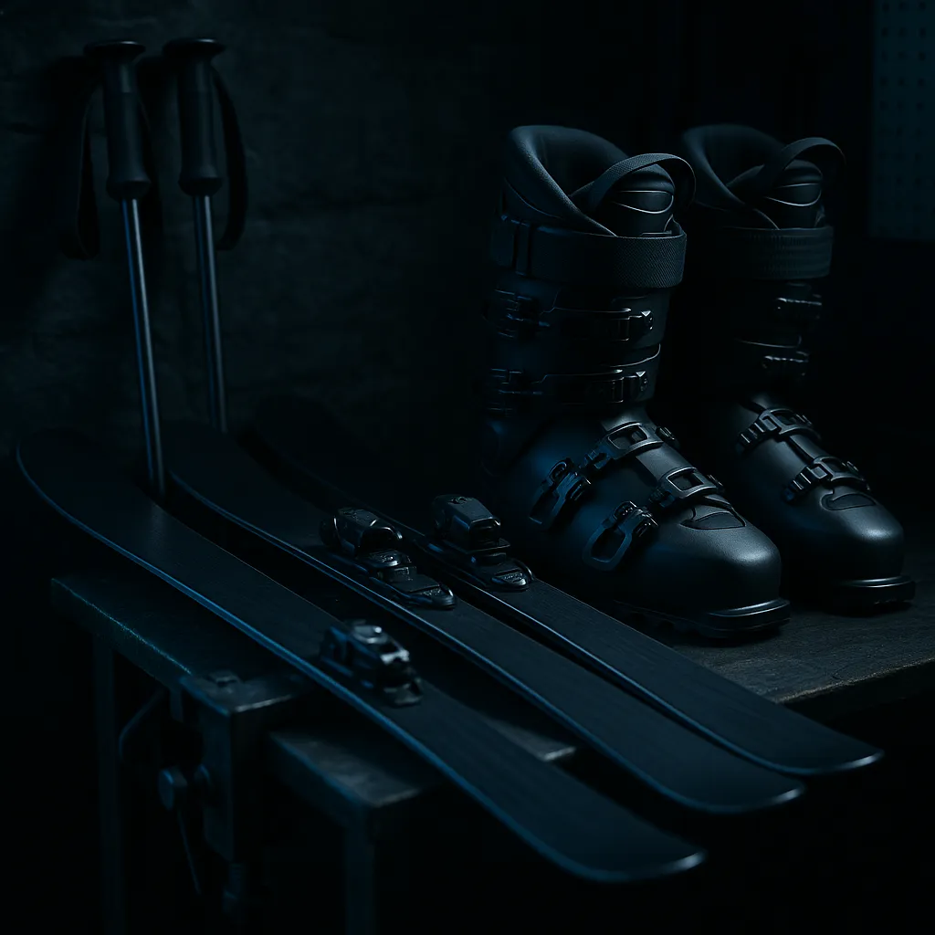 skis and boots on dark tuning bench