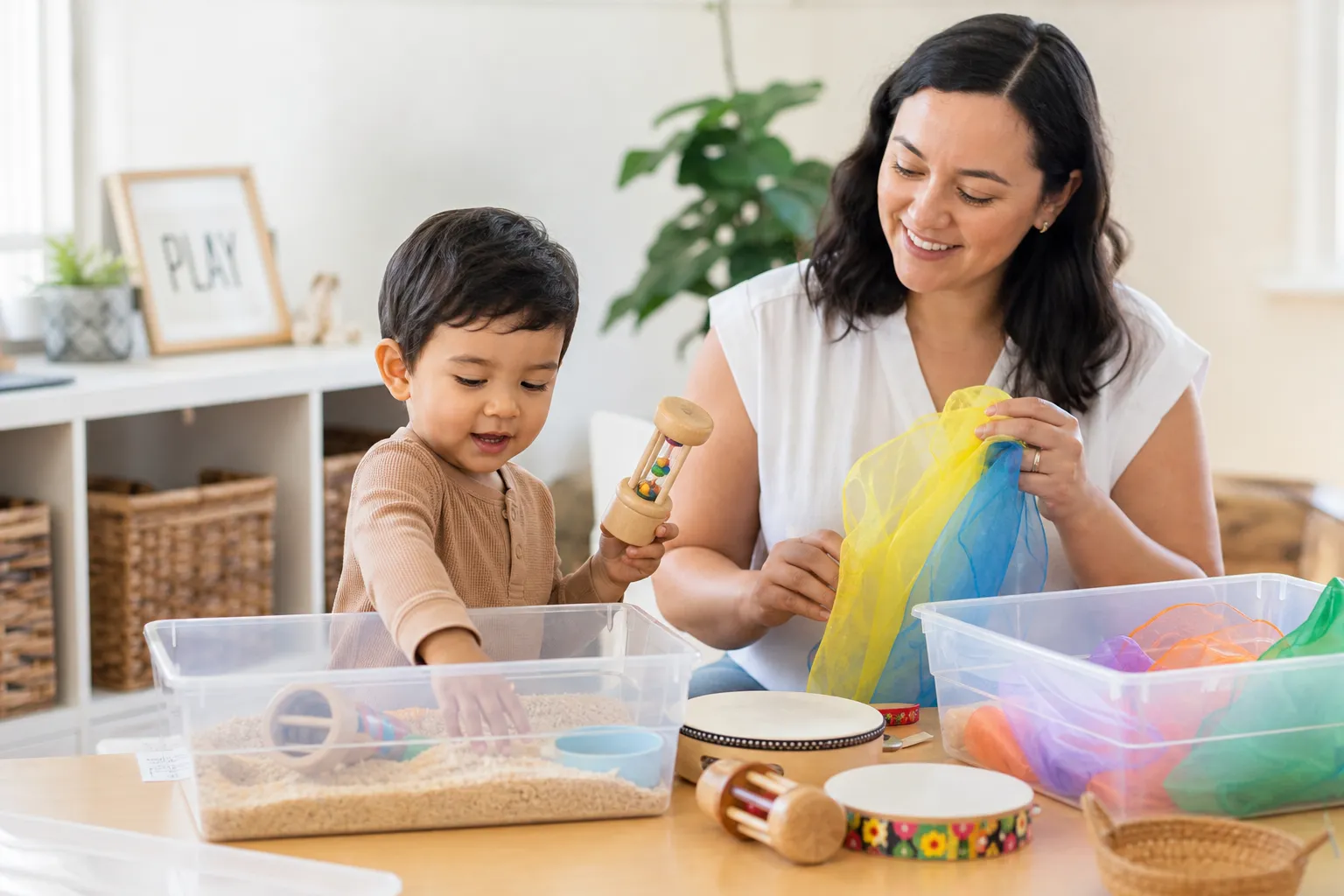 child and parent doing sensory play with music objects
