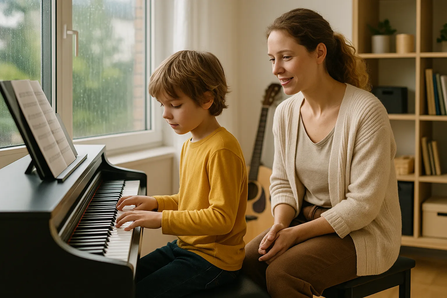 child at piano lesson on a rainy day with teacher