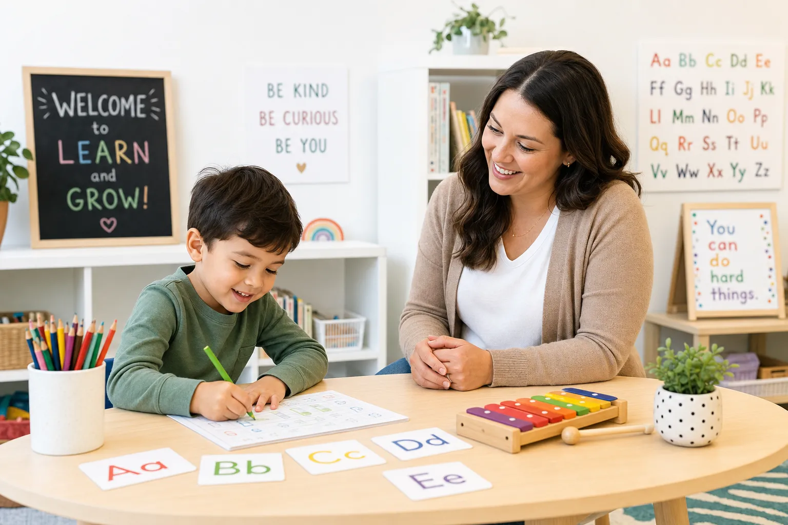 child practicing kindergarten readiness activities with teacher