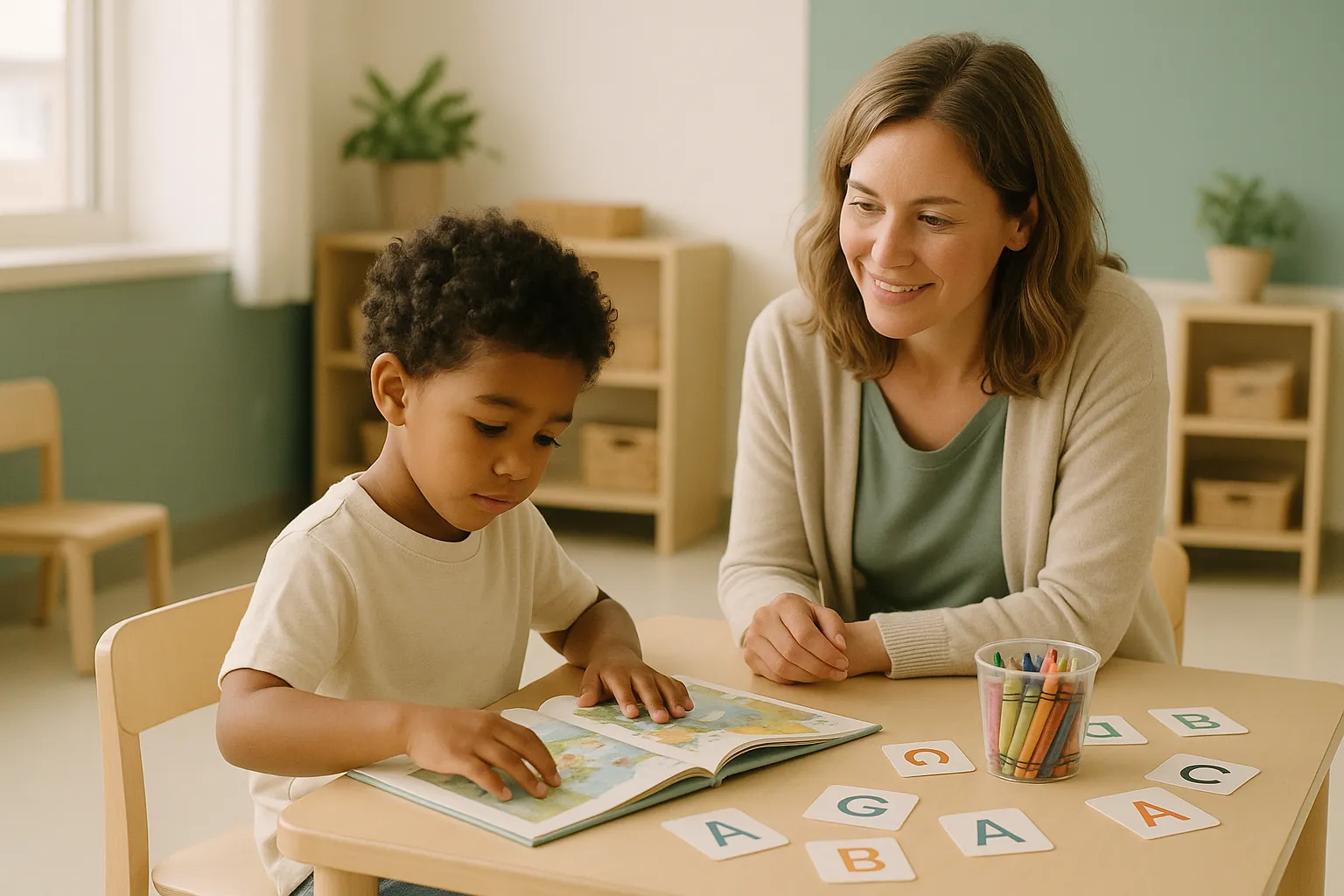 child preparing for kindergarten with teacher