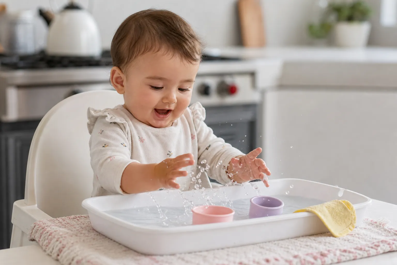 older infant splashing hands in a shallow water tray