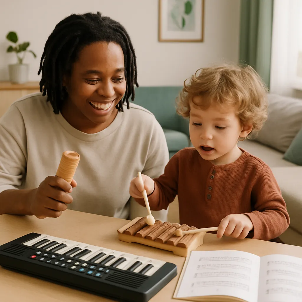 parent and child doing an indoor music activity at home