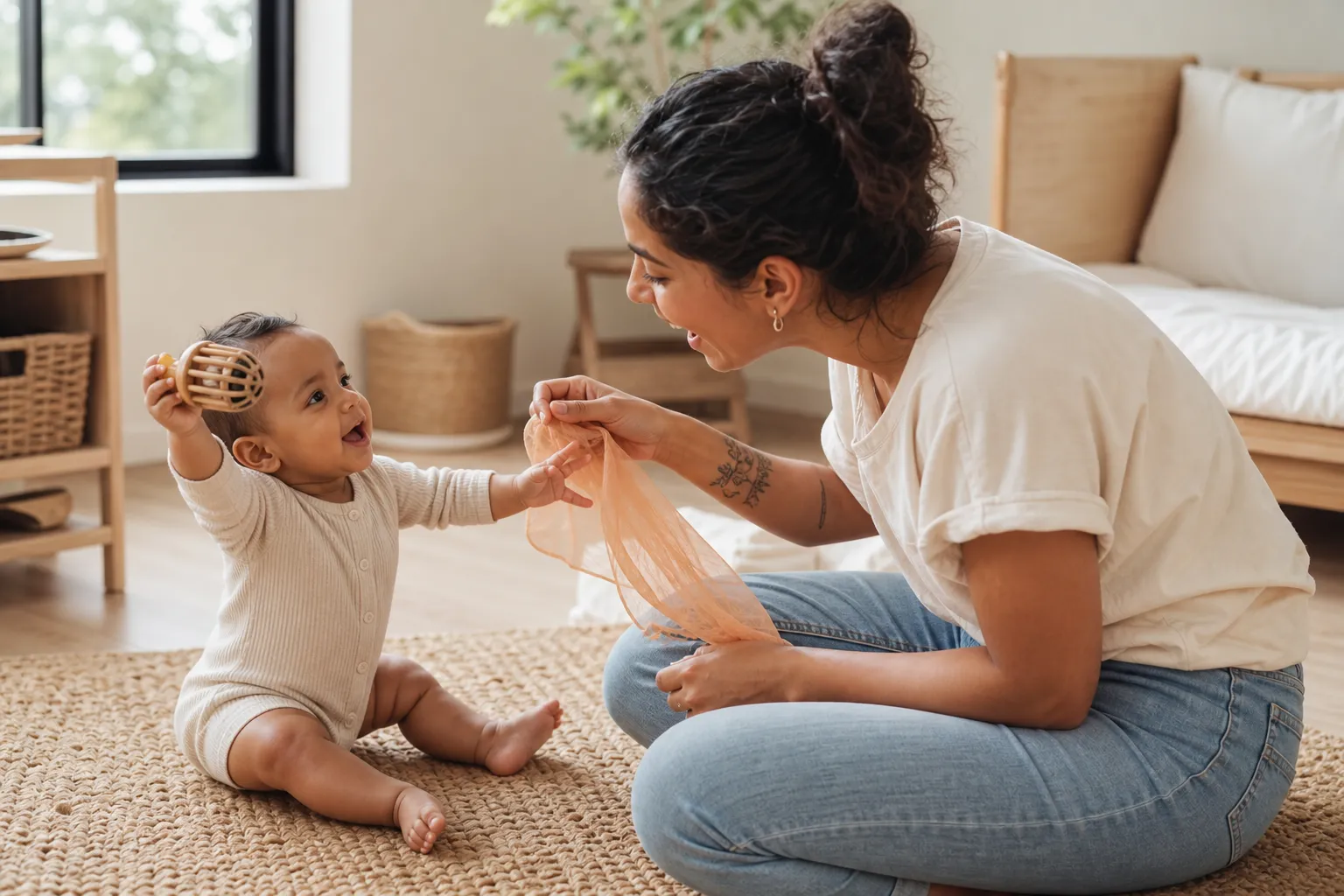 parent and infant doing gentle music play with a shaker