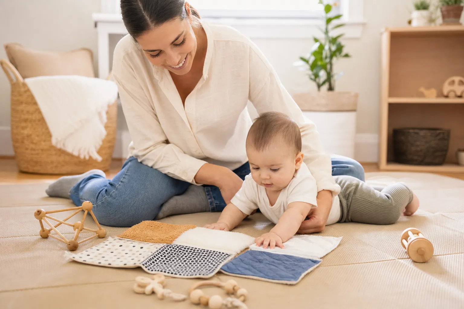 parent and infant exploring textured sensory toys on a play mat