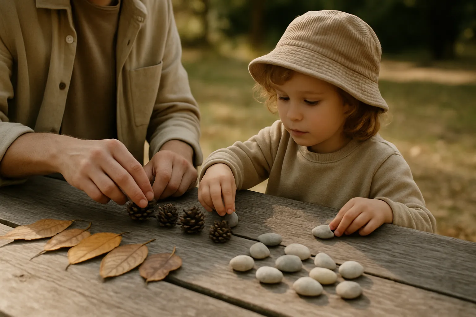 parent and preschool child sorting nature items