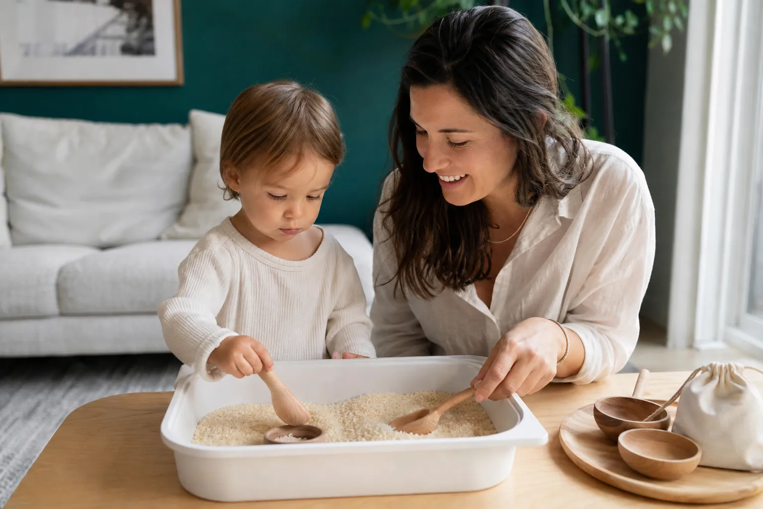 parent and toddler exploring a sensory tray at a table
