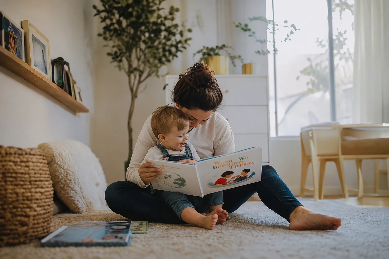 parent reading a picture book with a toddler