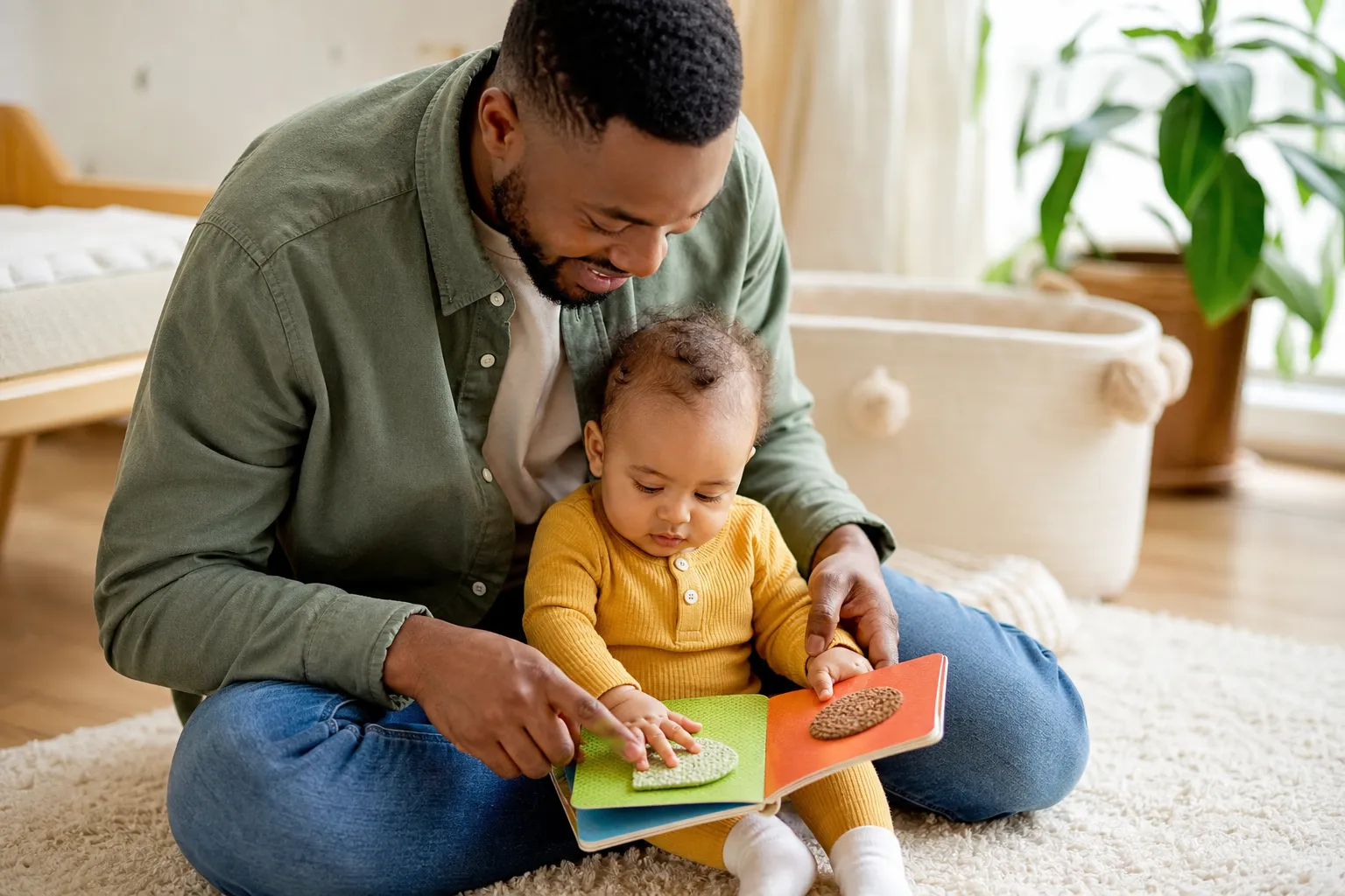 parent reading a touch and feel board book with an infant