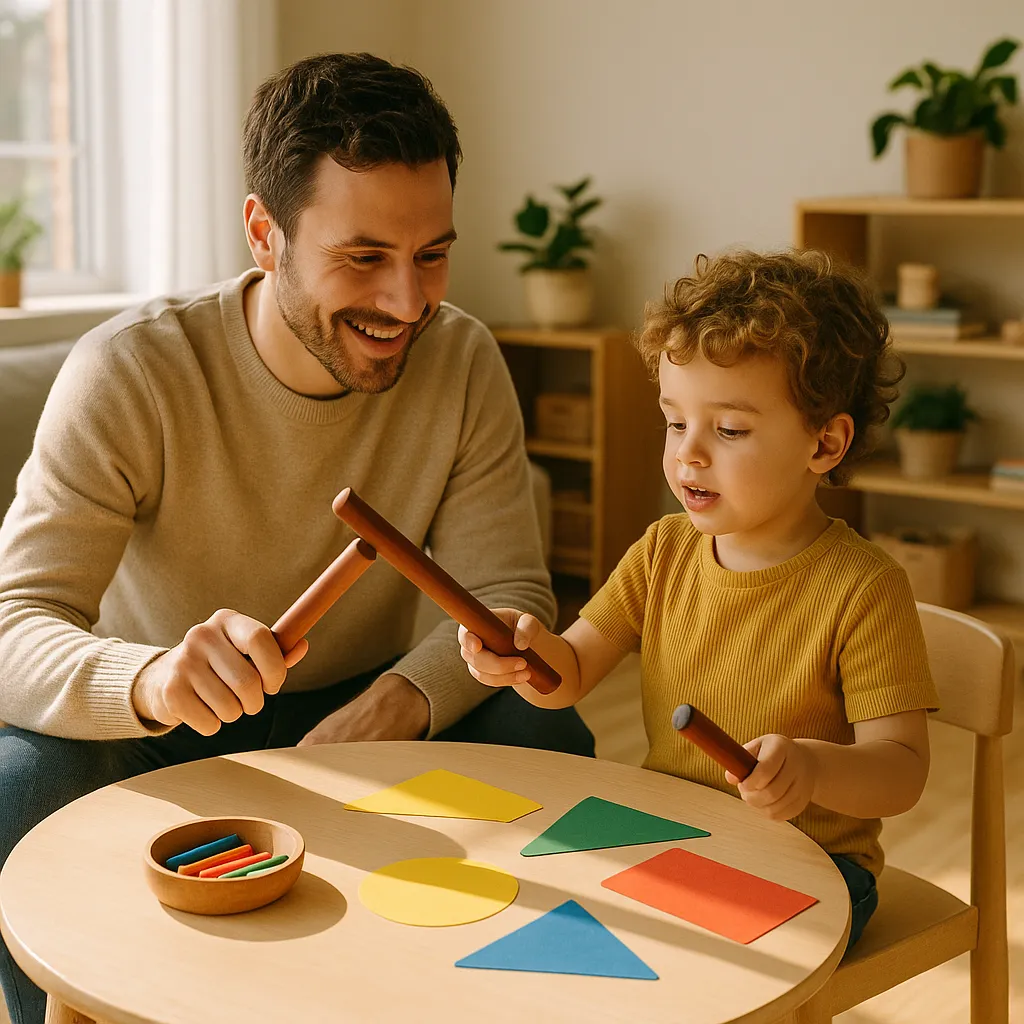 preschool child and parent doing a nursery activity at a table