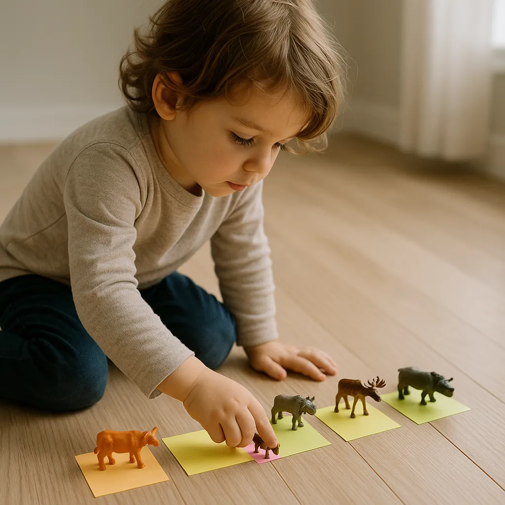 preschool child arranging toy animals on a number line