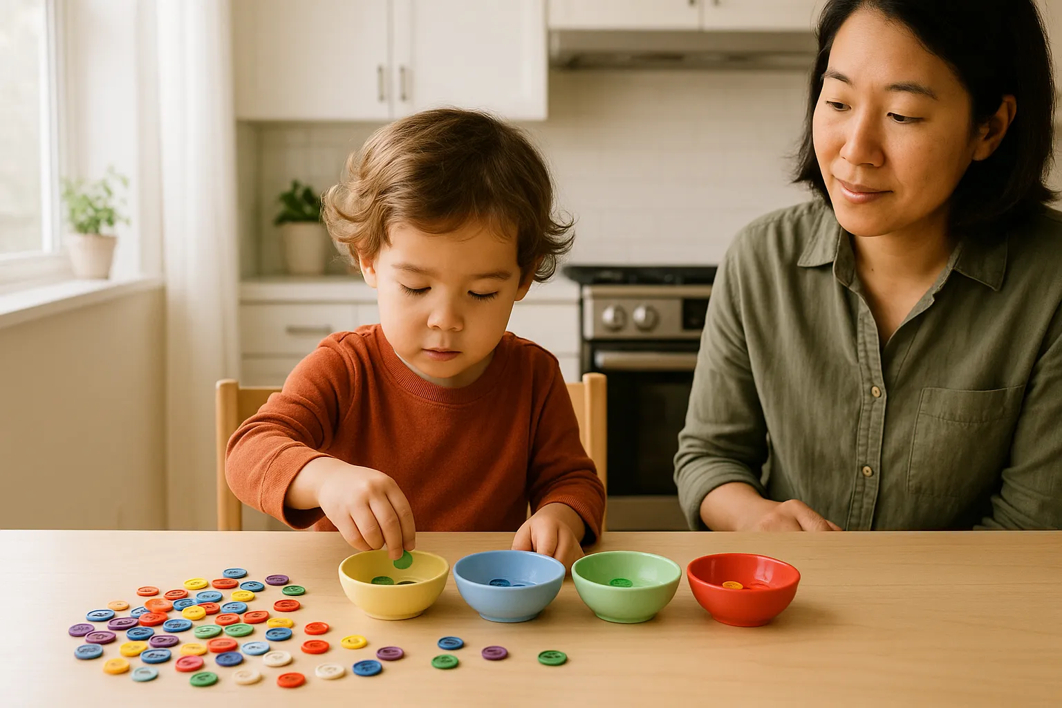 preschool child counting buttons into bowls