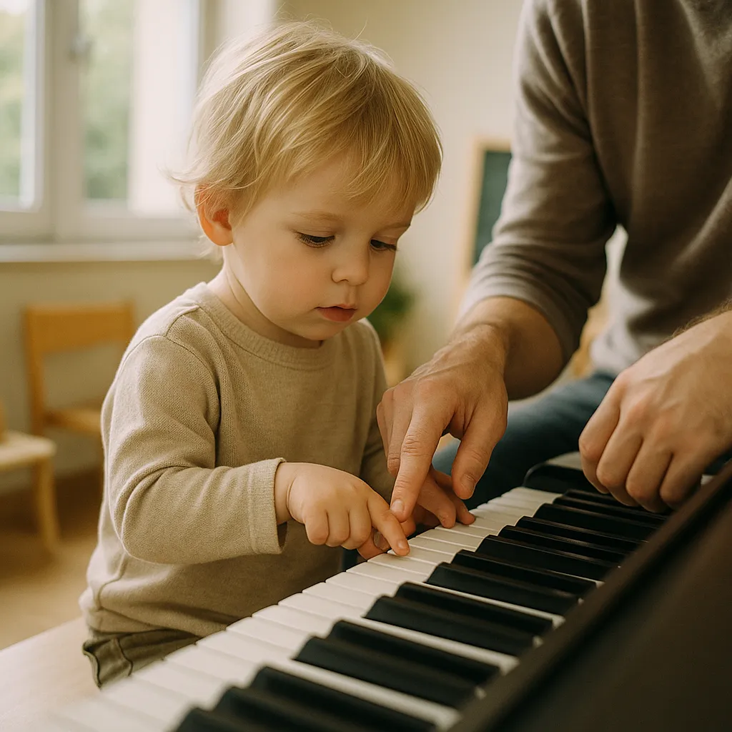 preschool child exploring piano keys with adult guidance