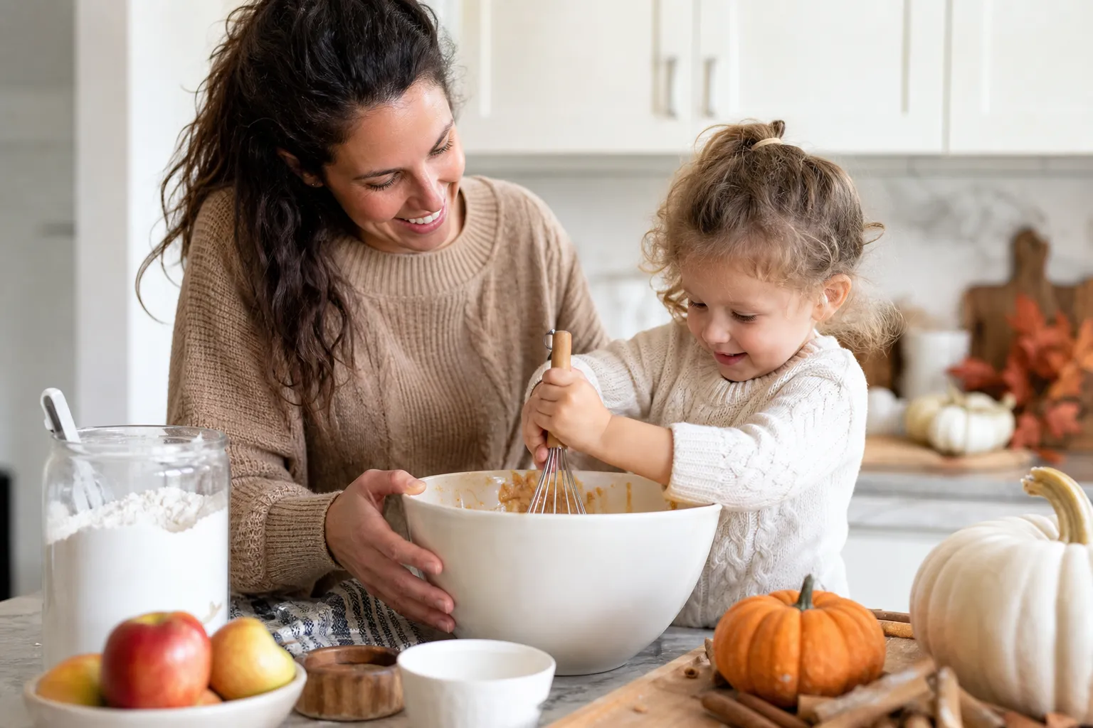 preschool child helping mix batter in a kitchen