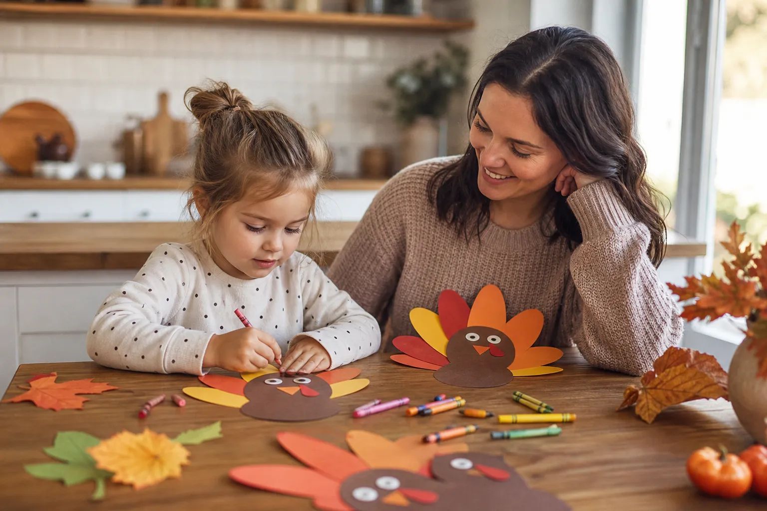 preschool child making a thanksgiving craft with a parent