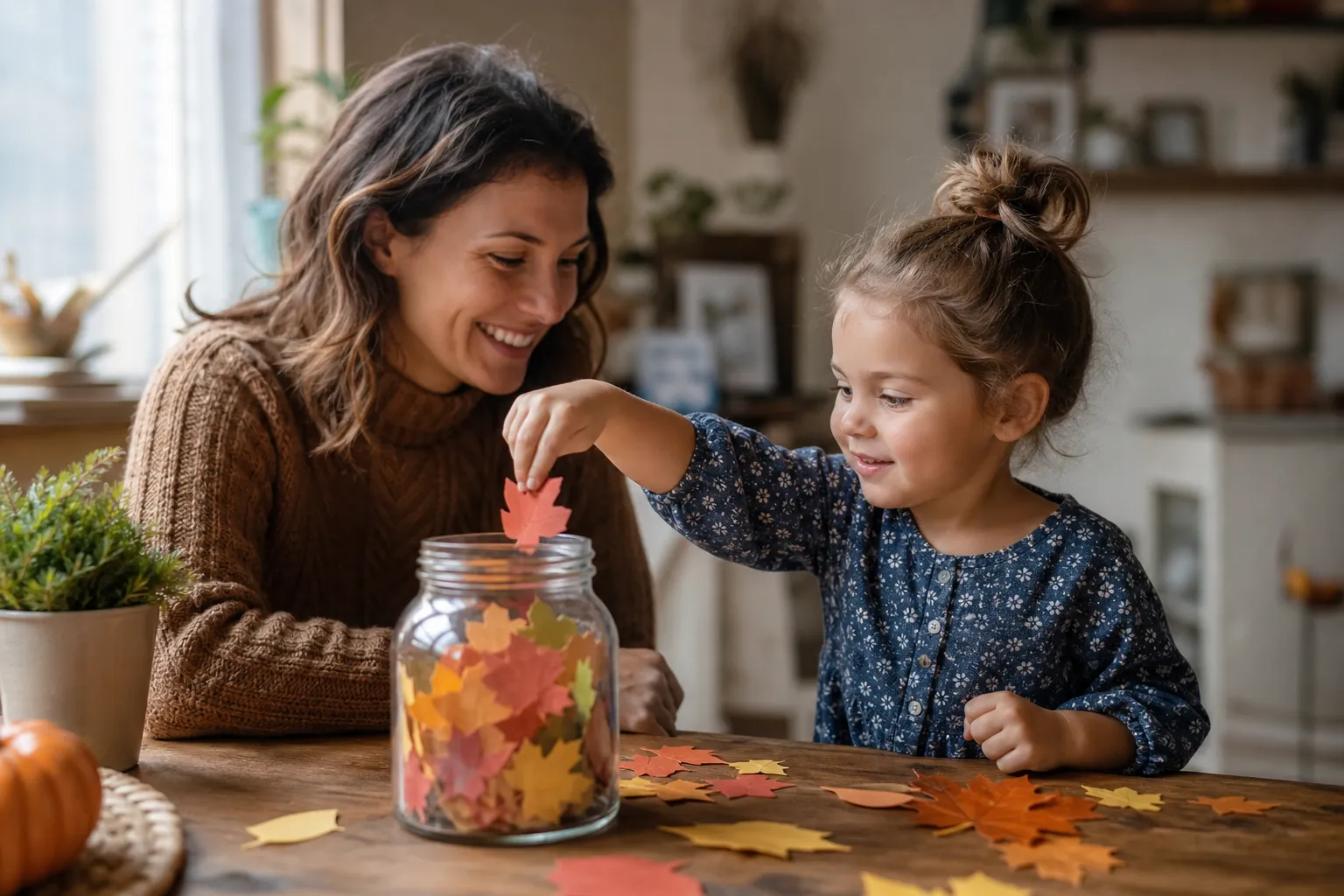 preschool child putting paper leaves into a gratitude jar