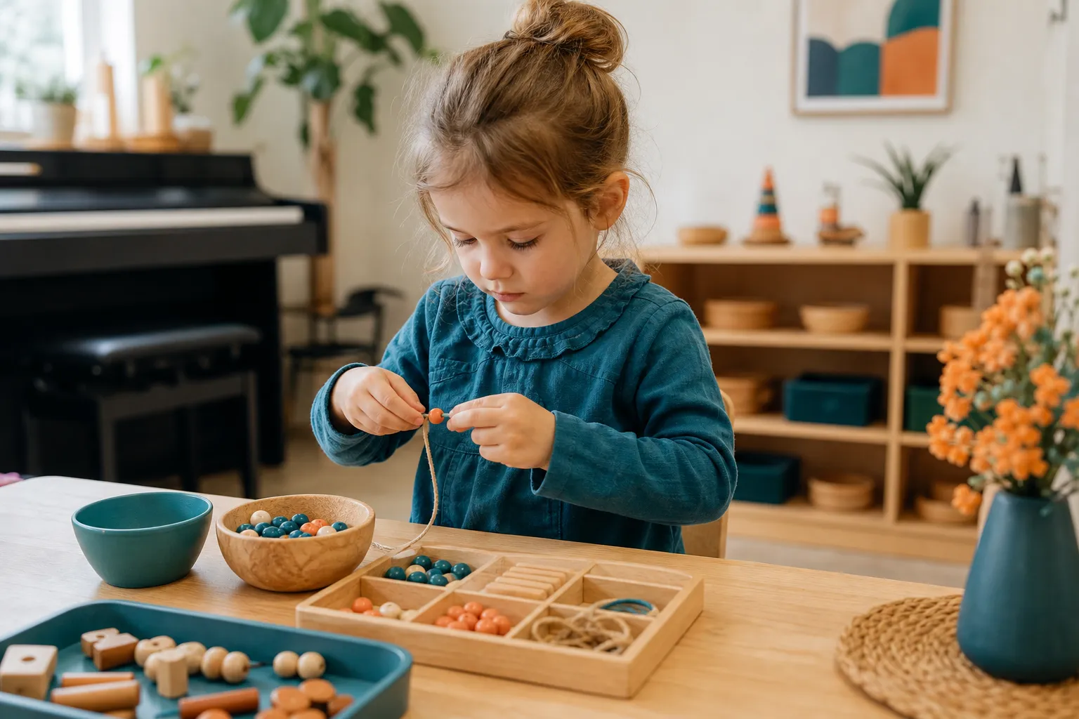 preschool child using beads and small objects at a table near a piano
