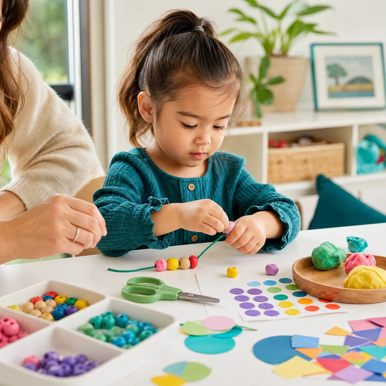 preschool child using beads scissors and clay at a table
