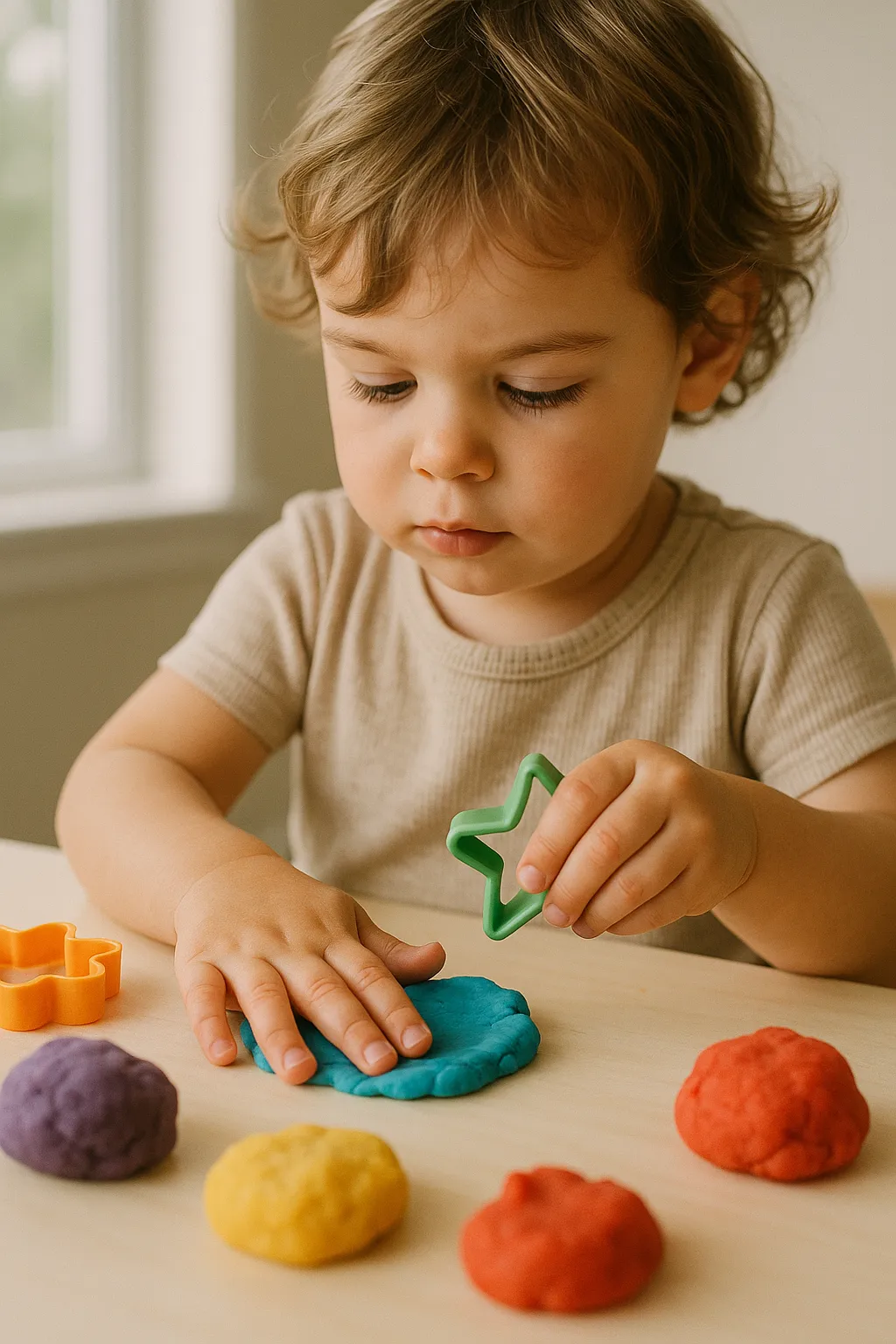 preschool child using playdough with cookie cutters