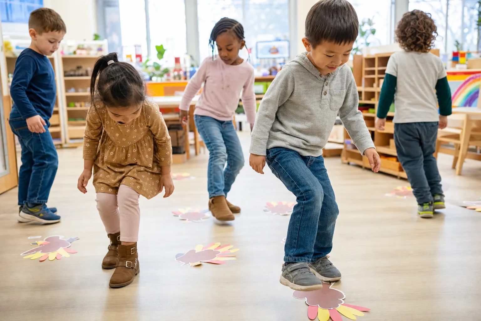 preschool children following turkey footprints on the floor