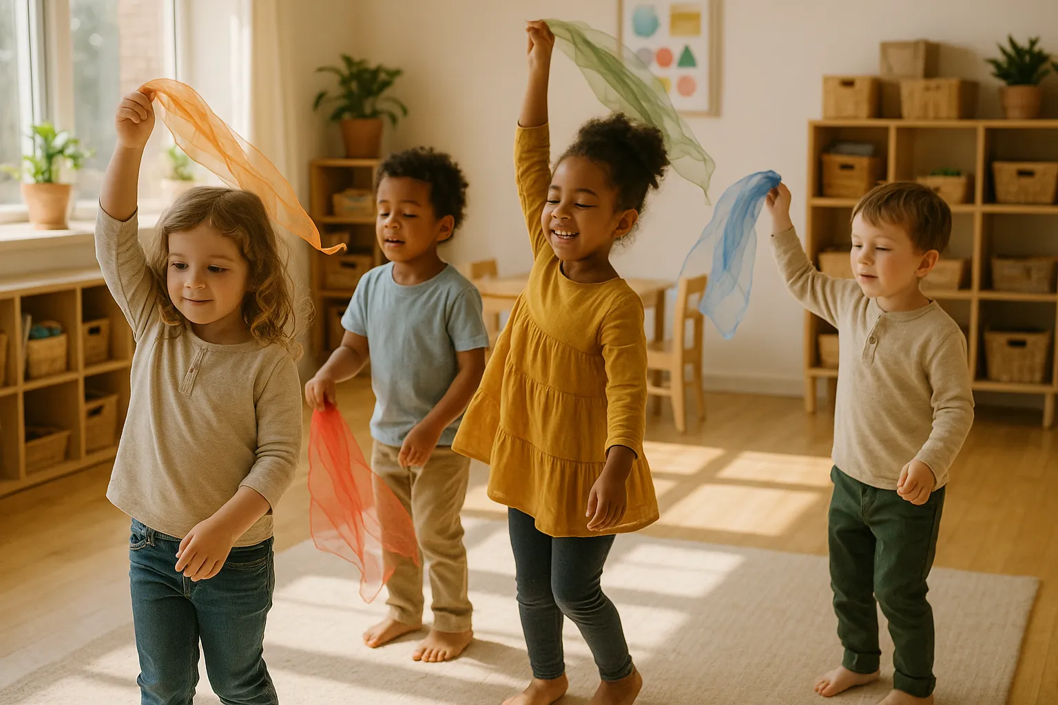 preschool children moving with scarves in a bright room