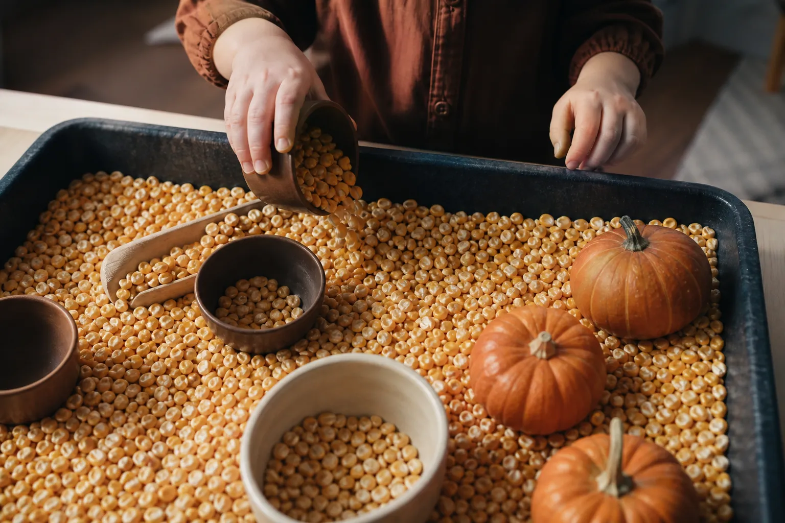 preschool sensory tray with corn cups and toy pumpkins