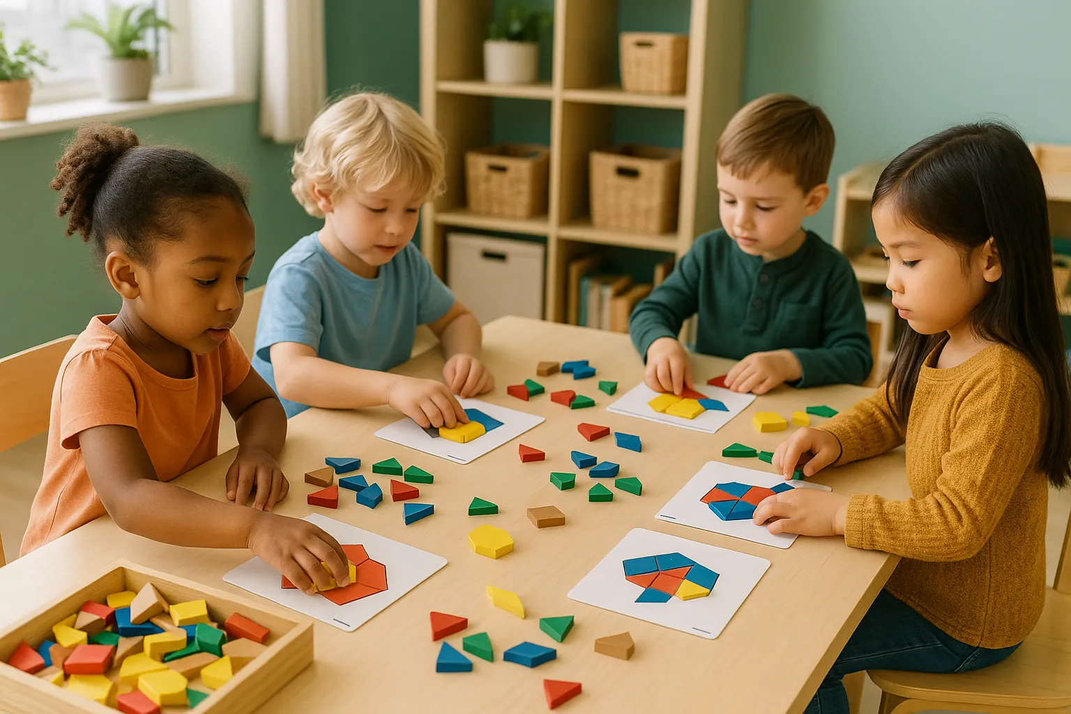 preschoolers using pattern blocks at a table