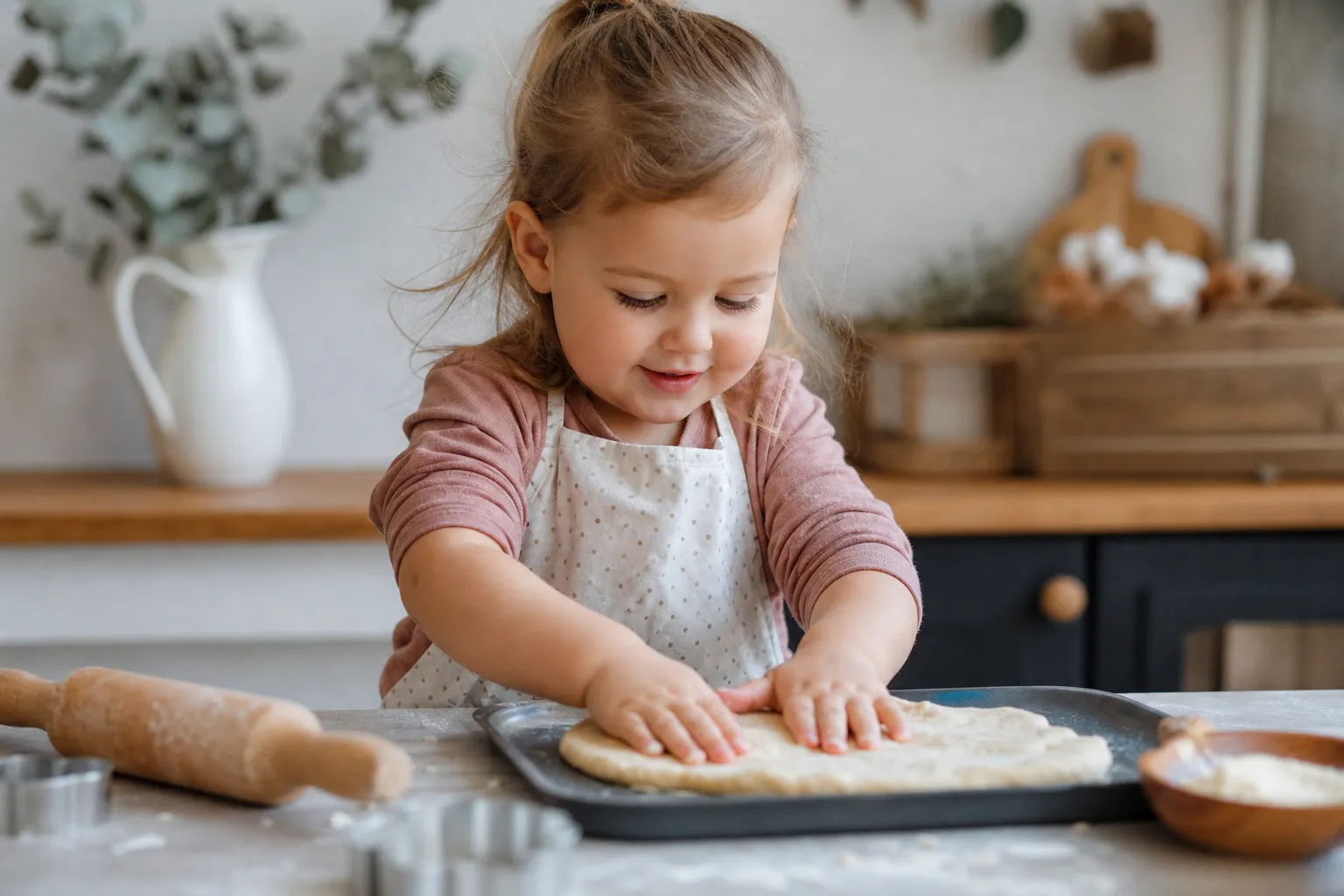 toddler hands pressing playdough on a tray