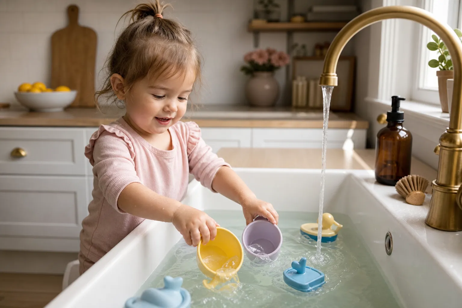 toddler playing with cups and water at a sink