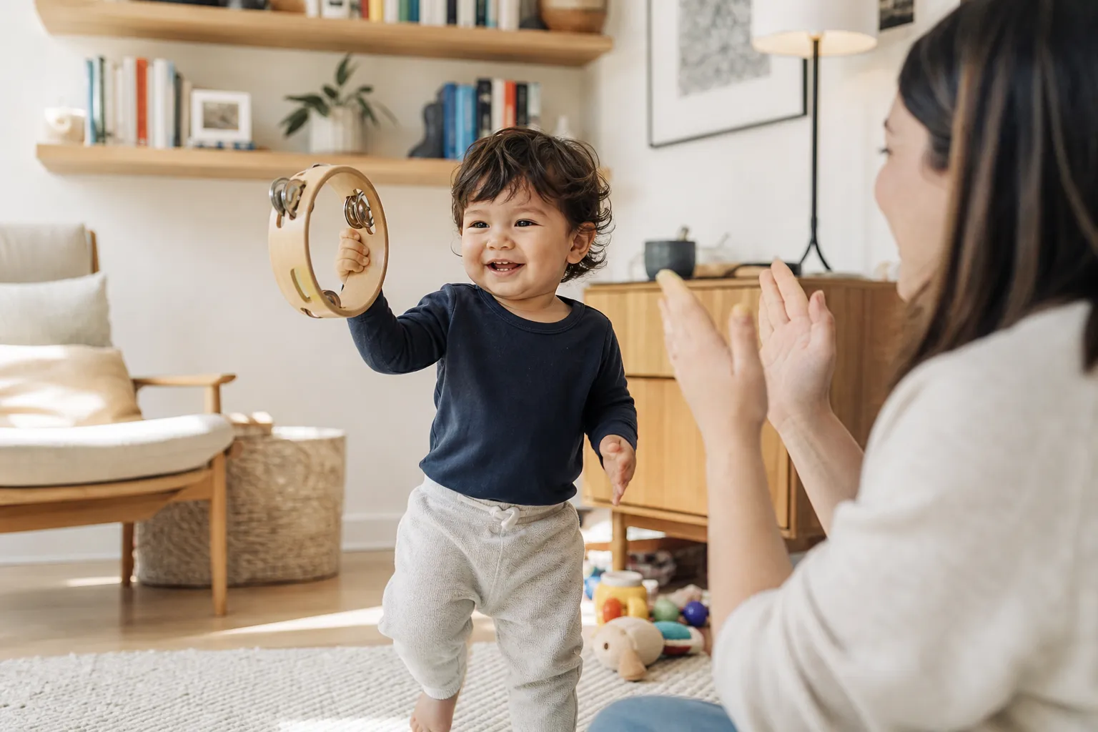 toddler shaking a tambourine while parent claps