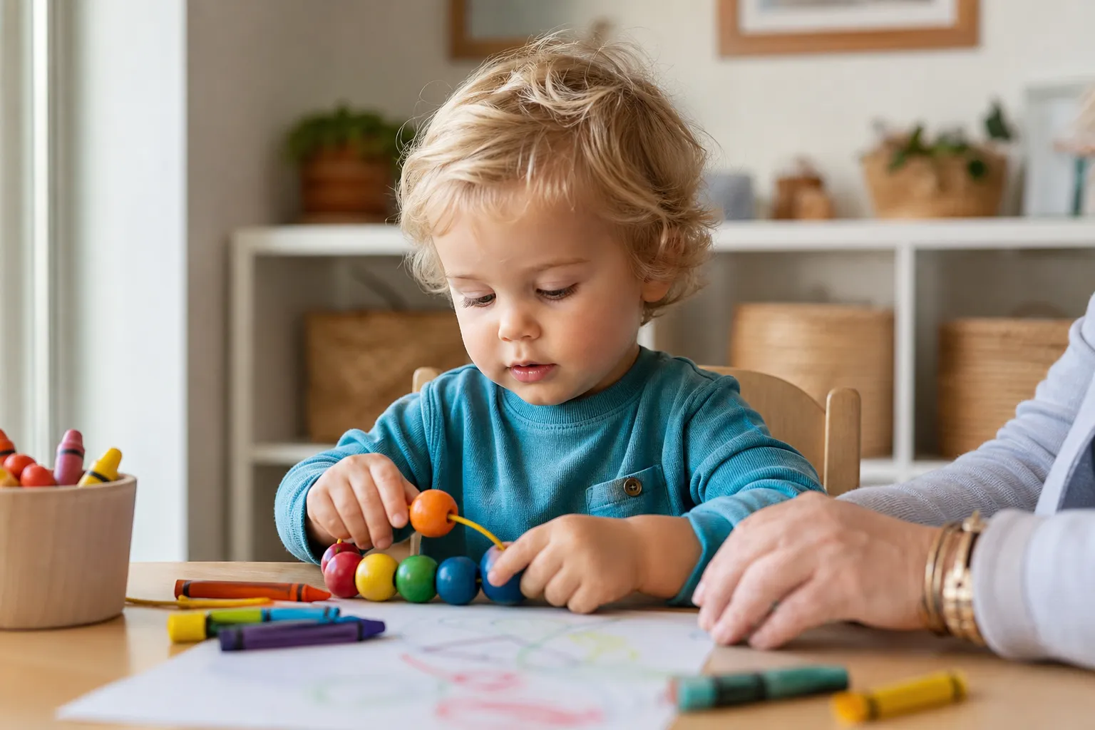 toddler using beads and crayons at a small table