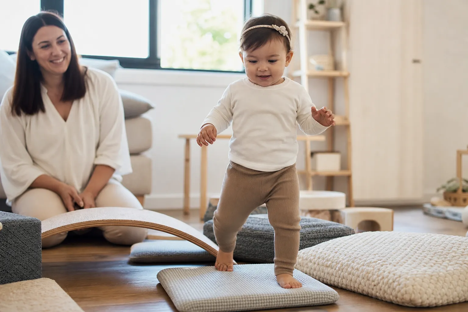 toddler walking on cushions and textured mats indoors