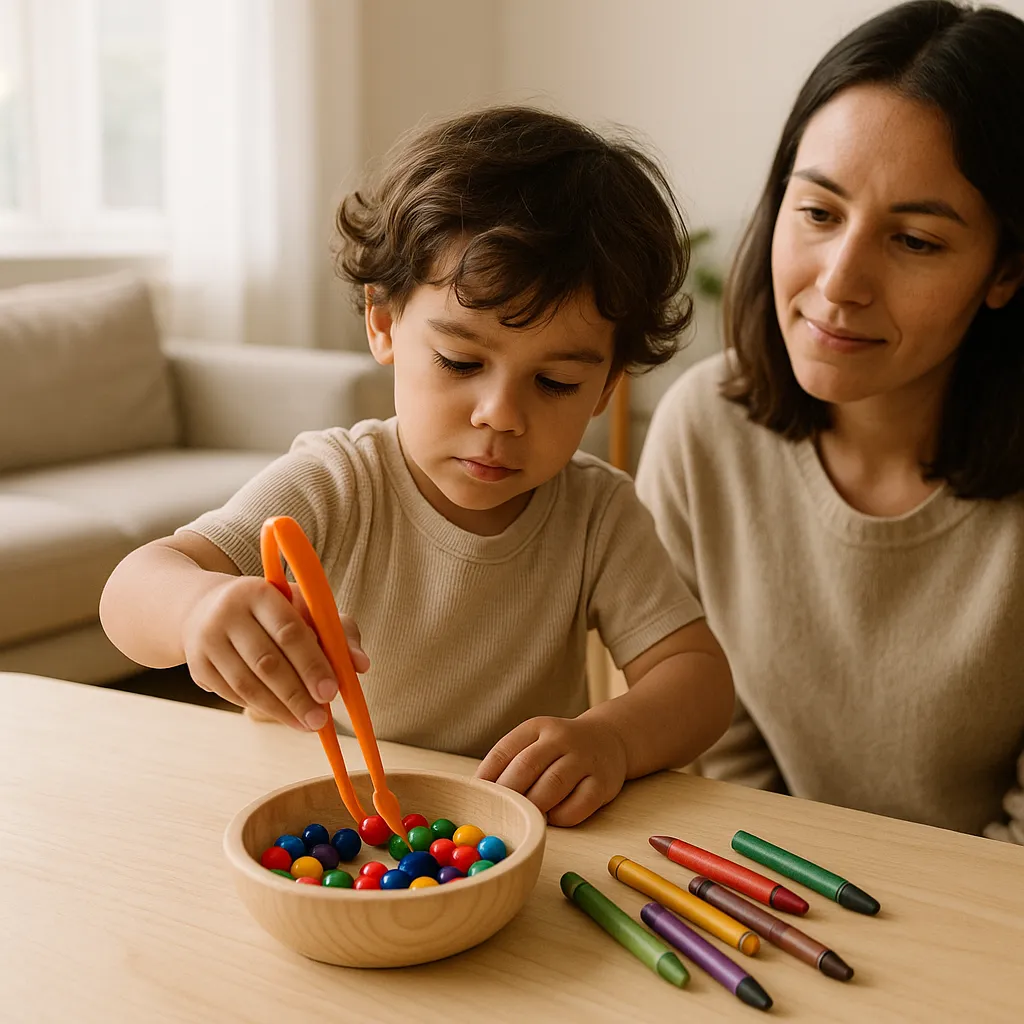young child practicing fine motor activities at a table