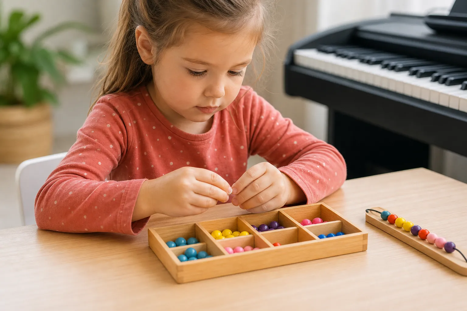 young child practicing fine motor skills at a table near piano