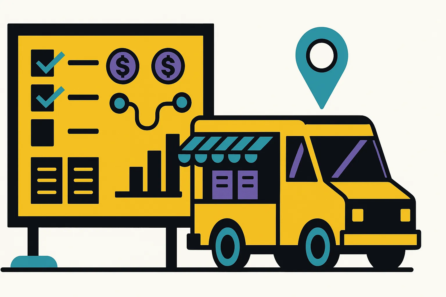 food truck beside a business plan board with charts