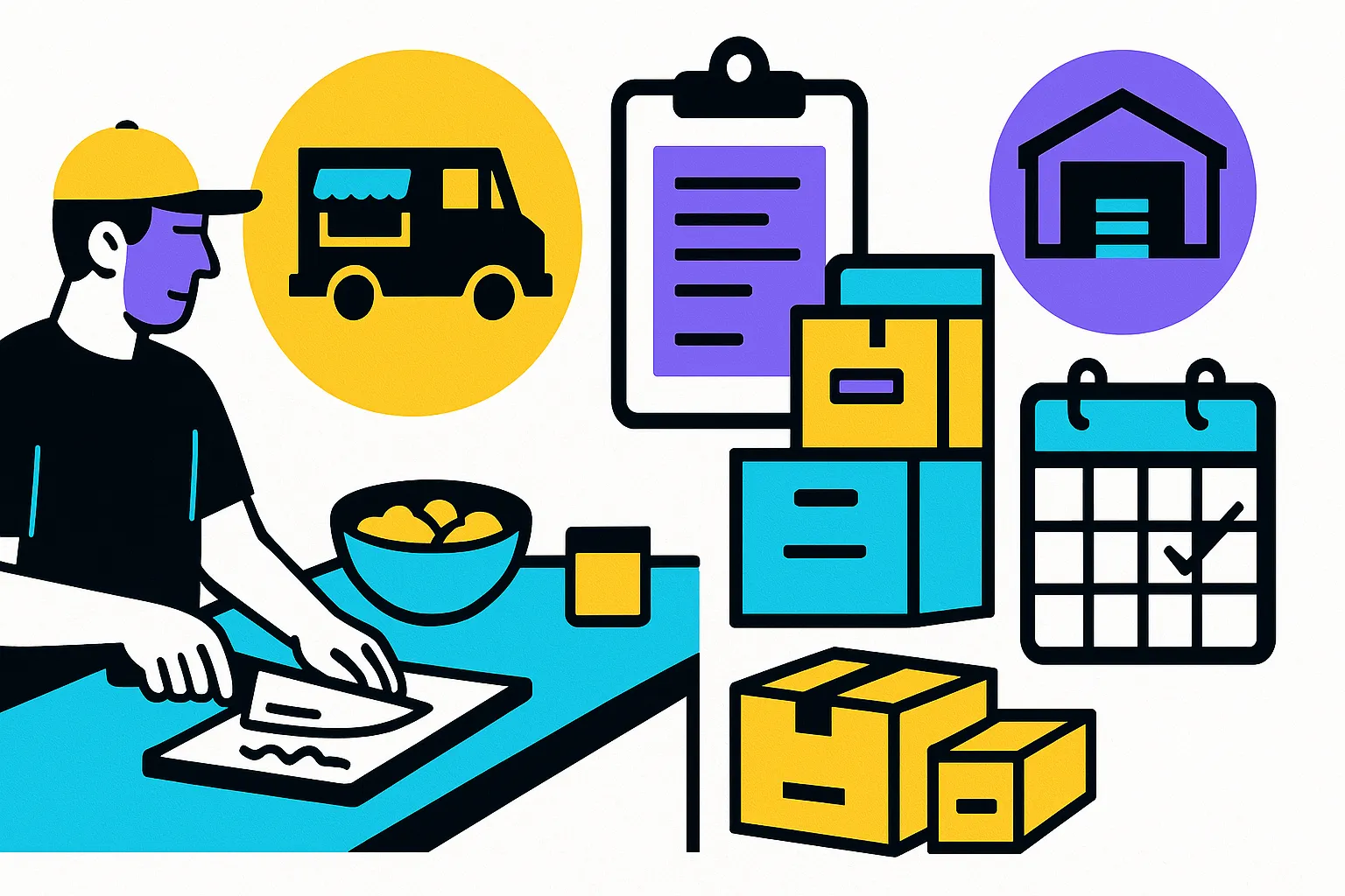 mobile kitchen workflow with planning and permit icons