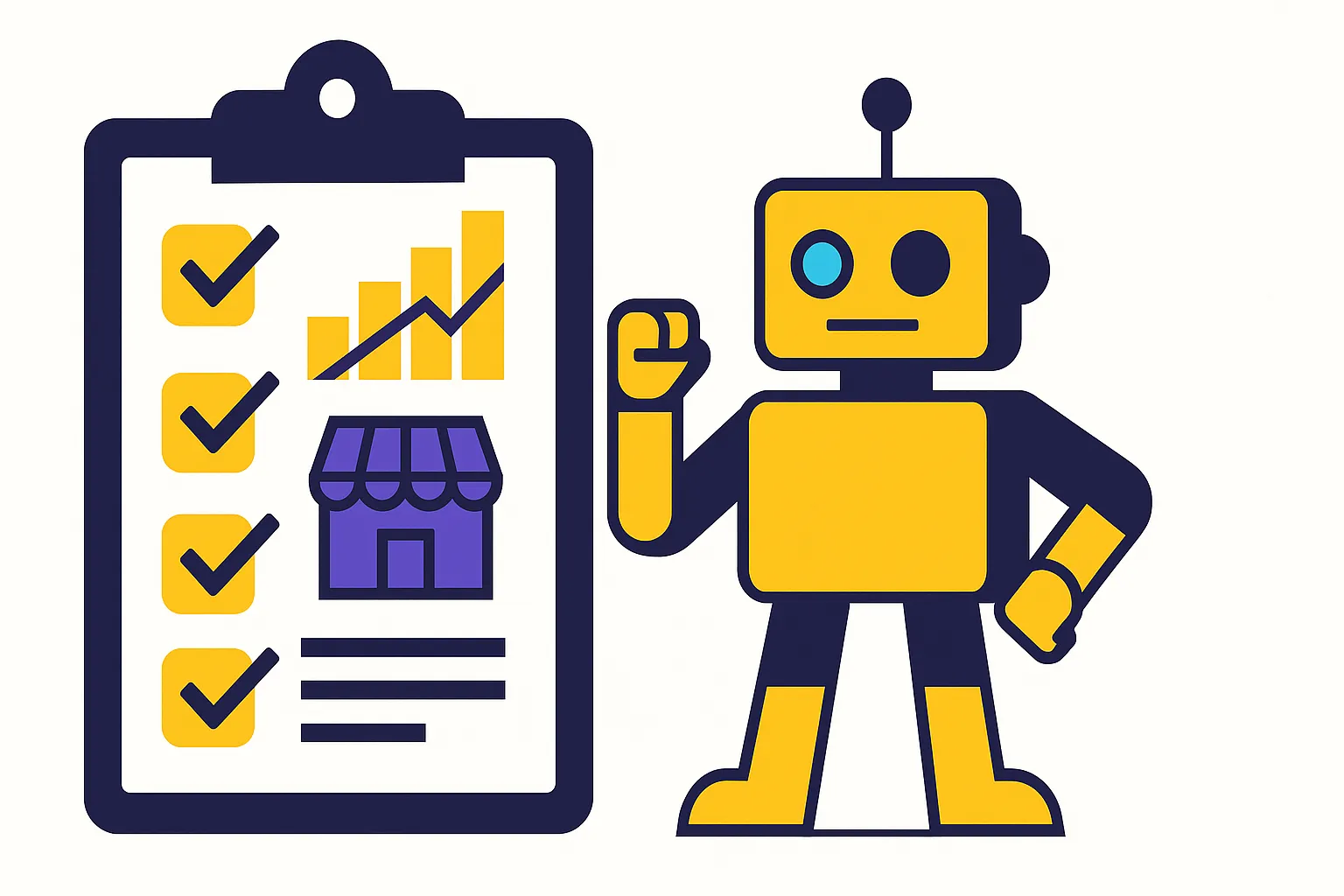 robot beside business plan checklist and charts