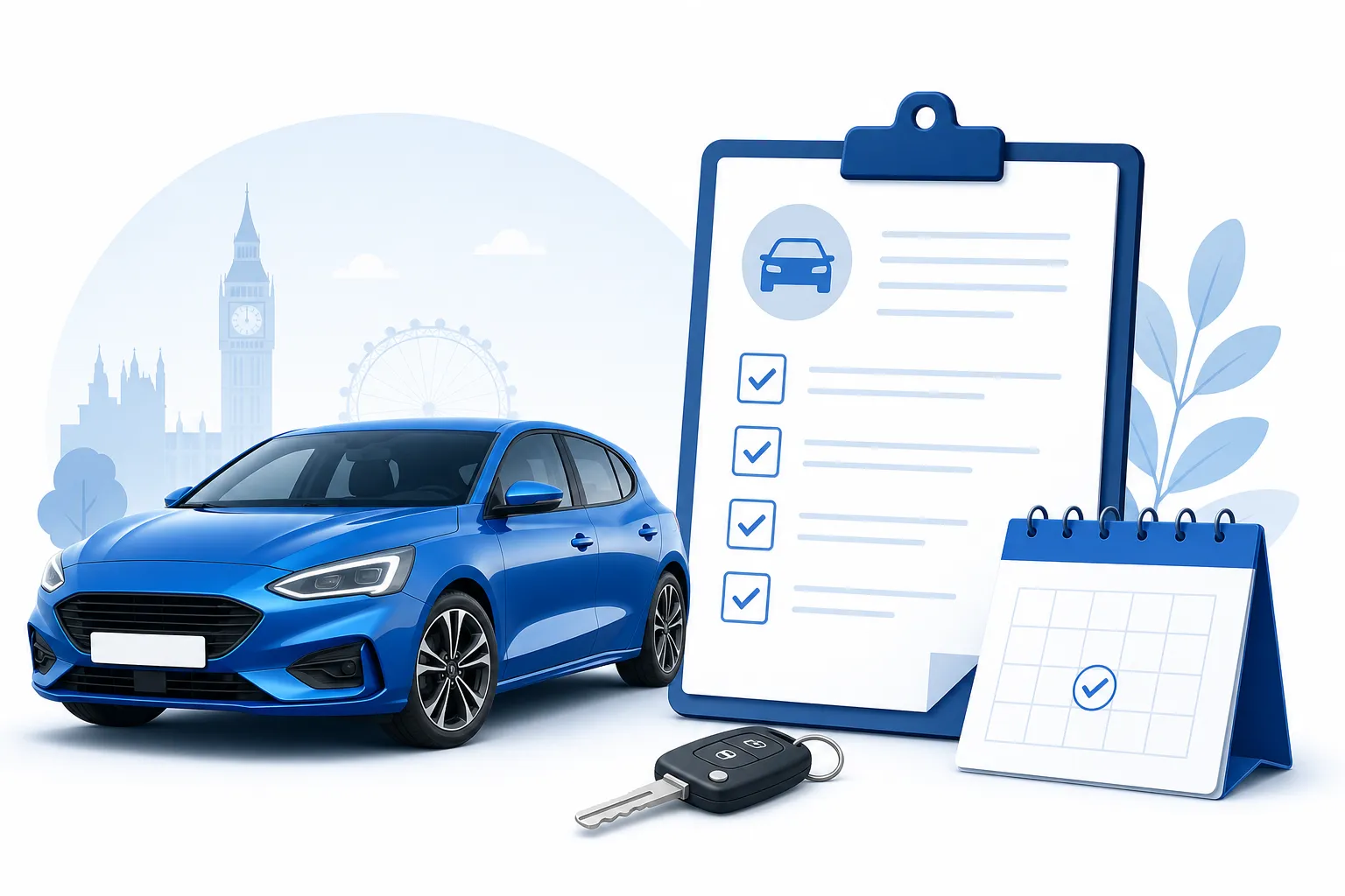 blue illustration of a car beside tax documents and a calendar