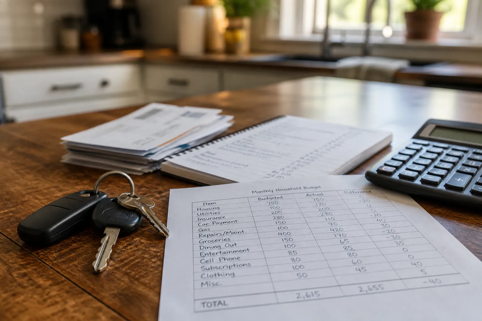 budget sheet with car keys and calculator