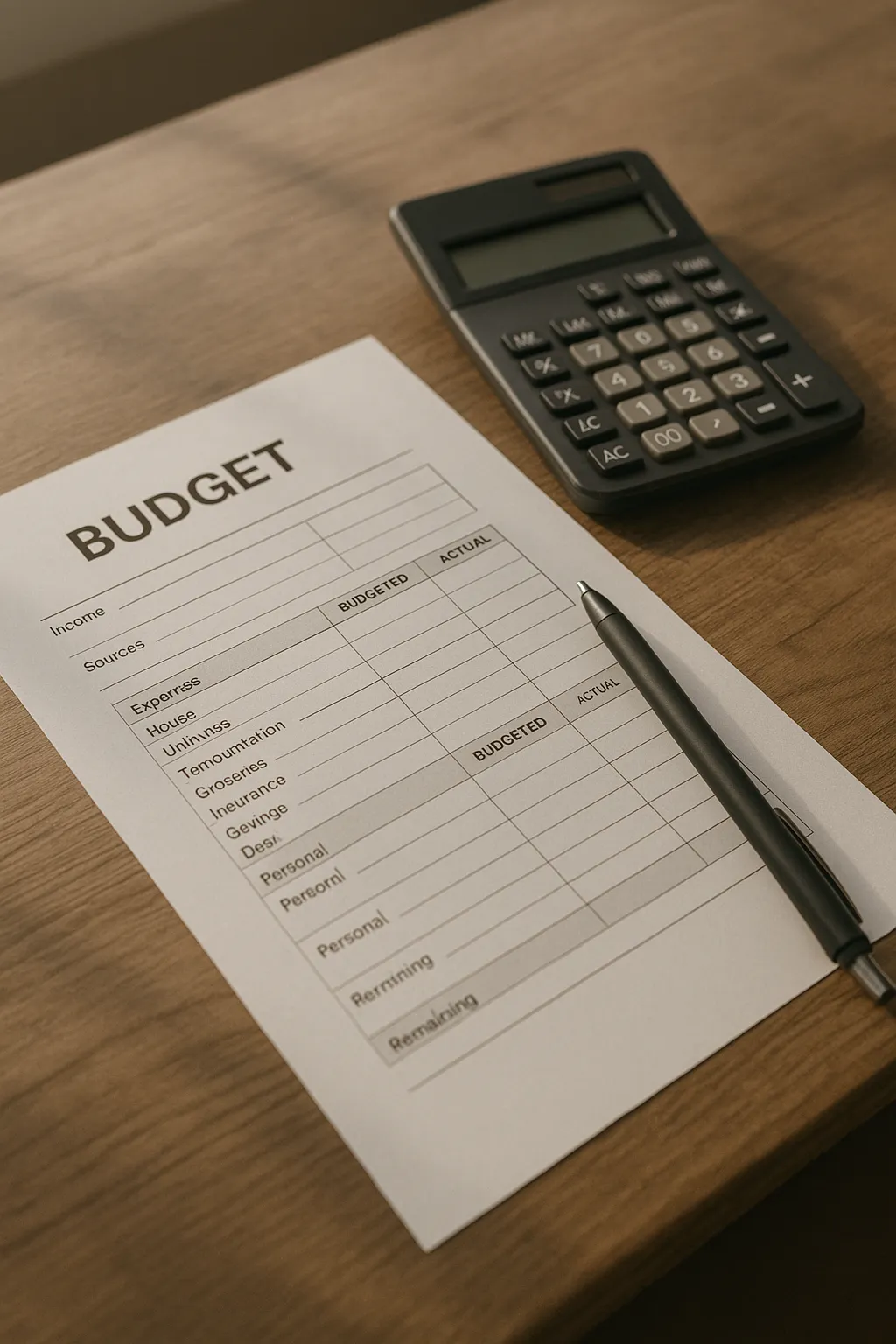 budgeting checklist calculator and pen on a desk