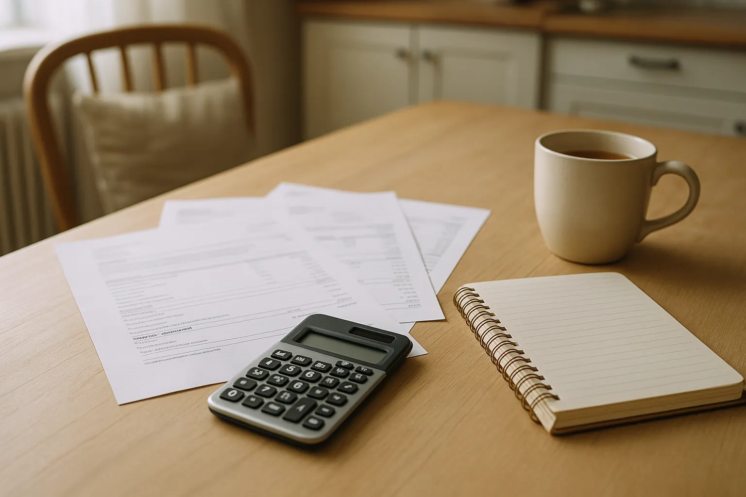 calculator statements and notebook on a kitchen table