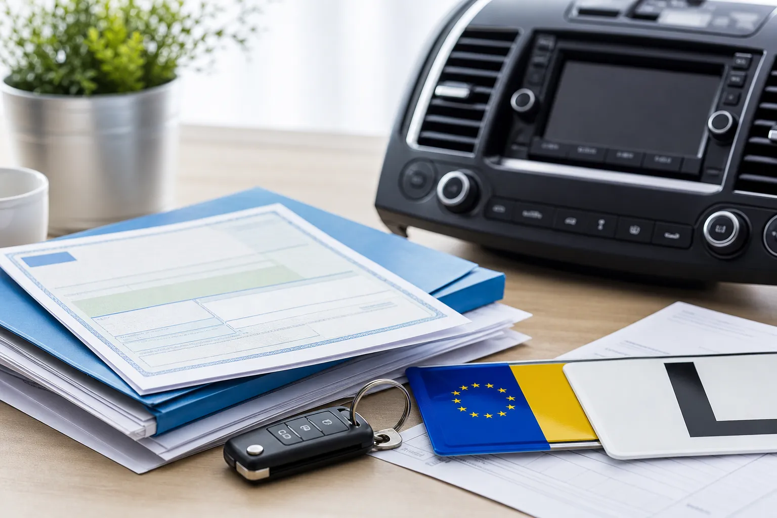 car documents beside a dashboard on a desk