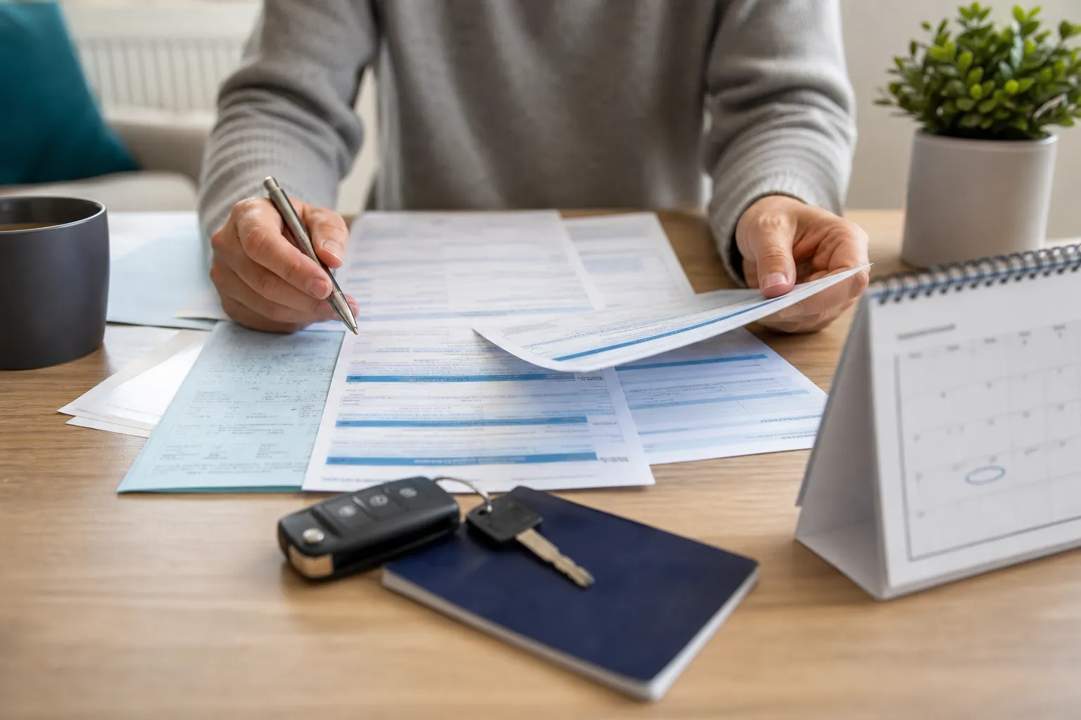 car keys and paperwork beside a calendar