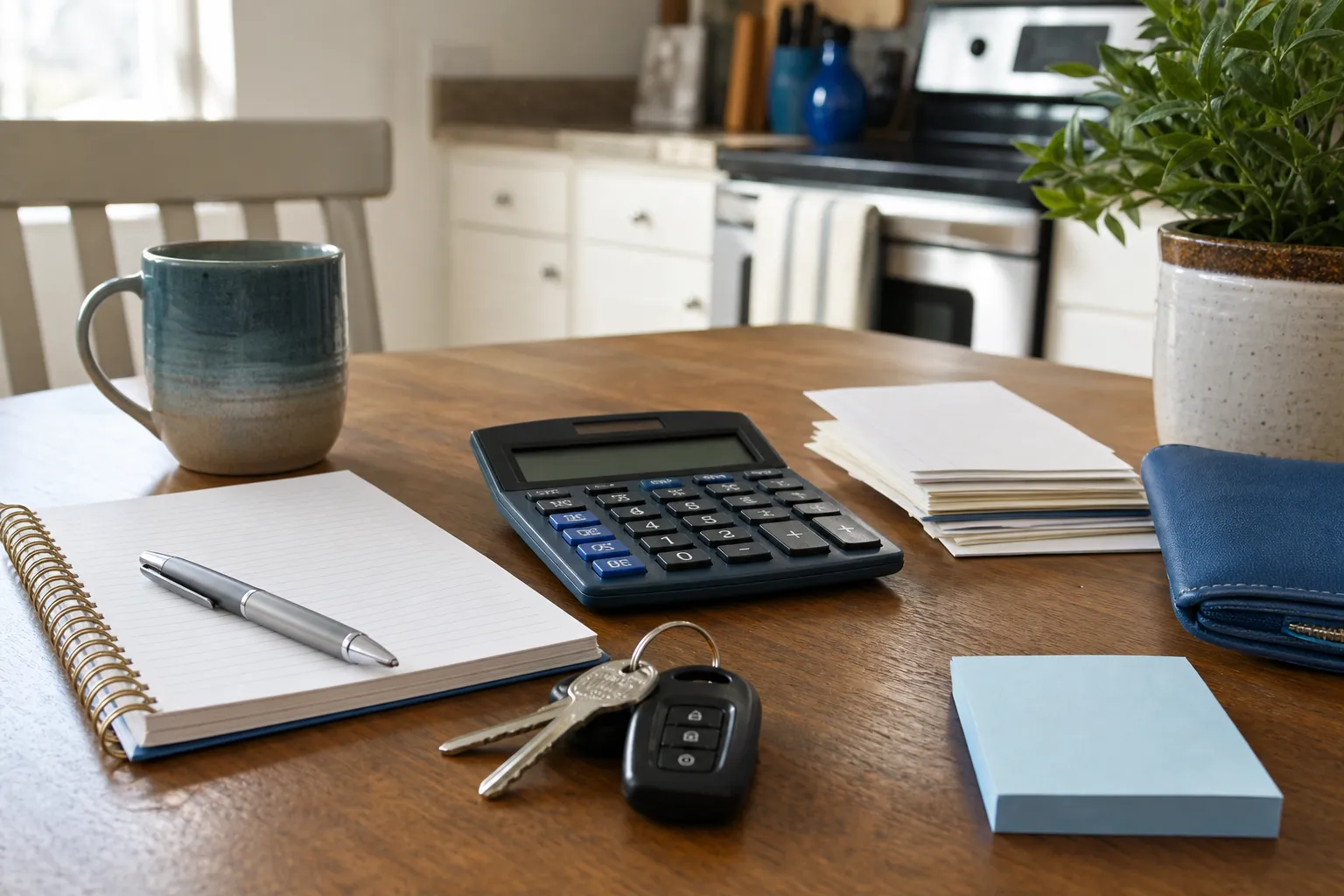 car keys calculator and budget notes