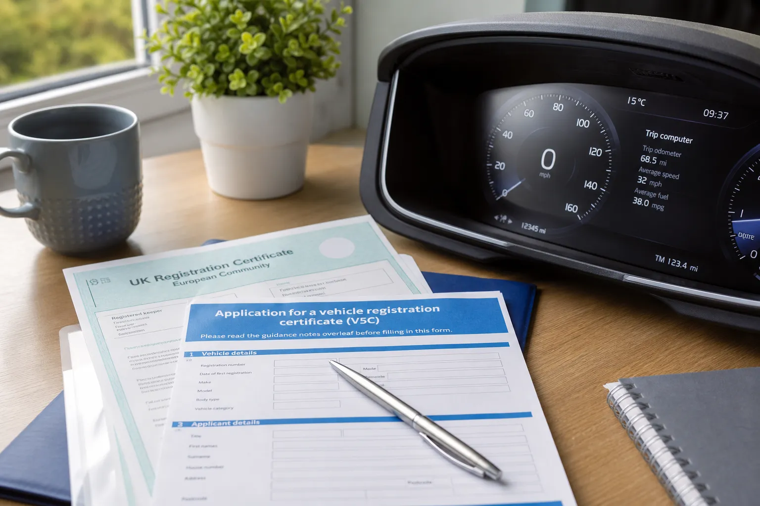 car paperwork beside a dashboard on a desk