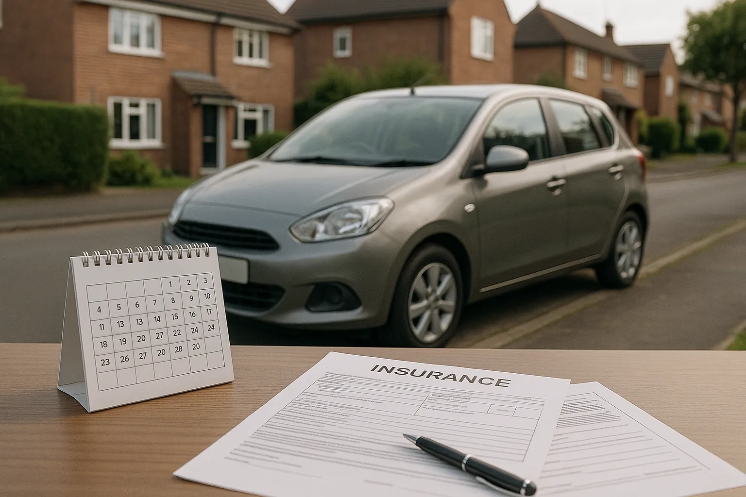car parked beside calendar and insurance papers