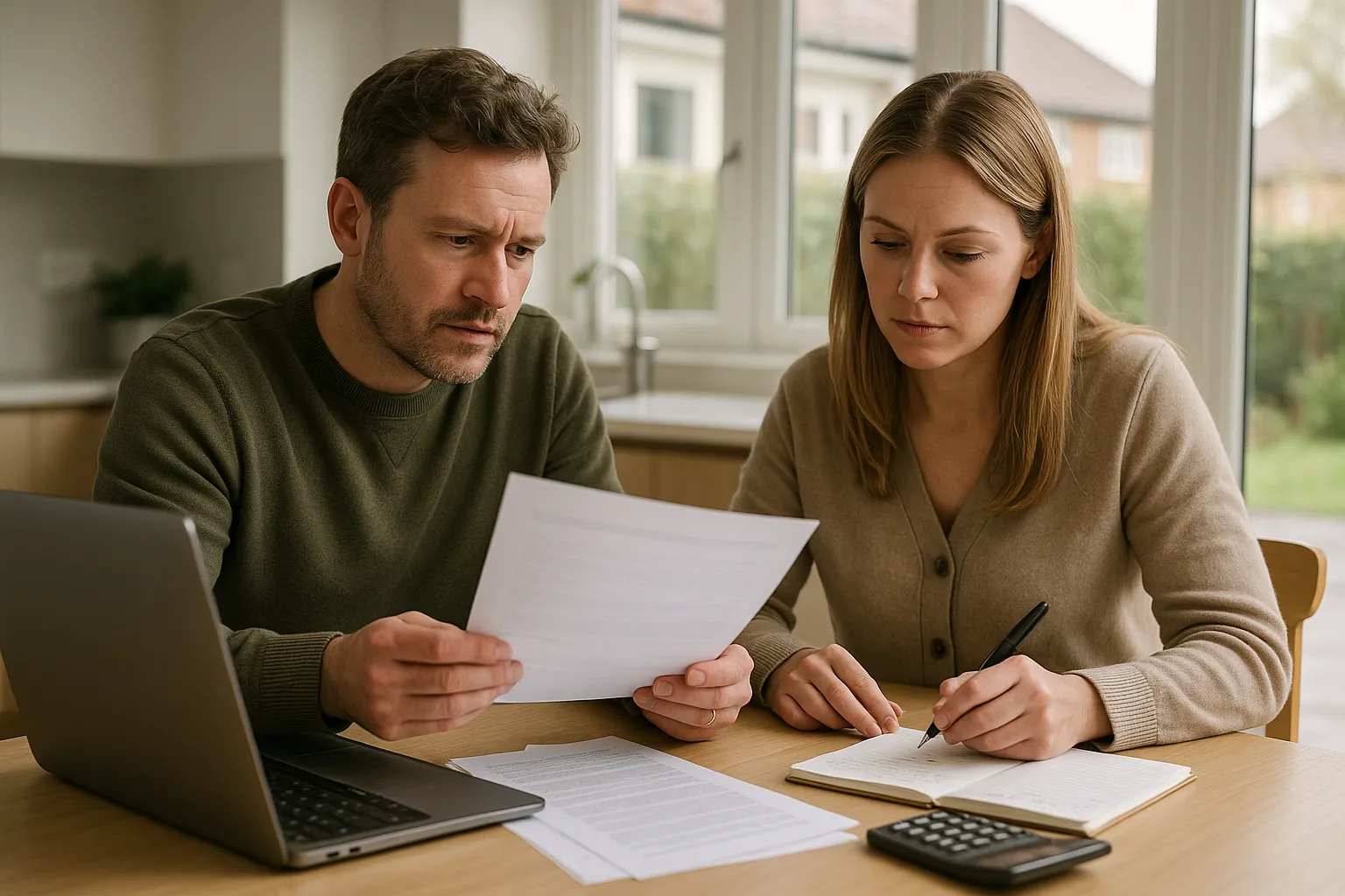 couple reviewing loan paperwork at a kitchen table