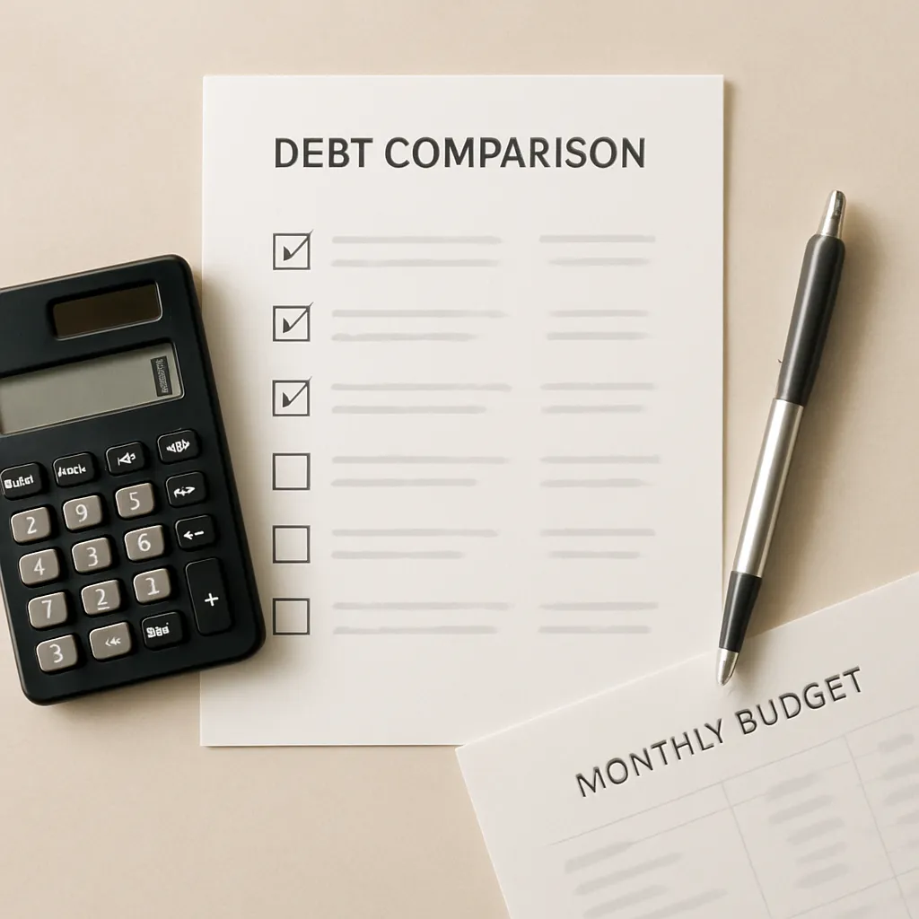debt comparison checklist with calculator and pen